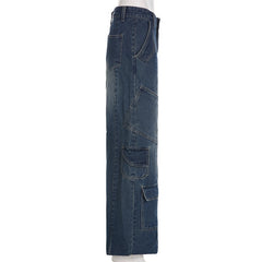 Lizakosht Retro Vintage Blue Cargo Denim Pants Pantalones De Mujer Mom Harajuku Hip Hop Patchwork Trousers Y2k Baggy Jeans Streetwear