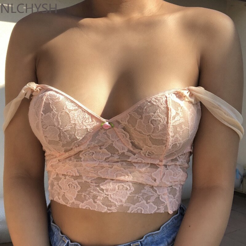 Lizakosht  Sexy Strapless Lace Bralette Tops Summer Breasted Corset Cami Crop Tops for Women Sleeveless Sheer Cupped Backless Tank Top