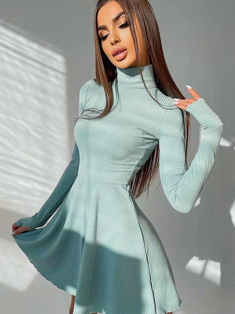 Tossy Women Turtleneck Long Sleeve Elegant Solid Dresses Ladies Knitted Bottoming A-line Pleated Dress Casual Fashion Streetwear