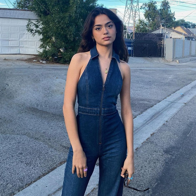 Lizakosht Weird Puss Cotton Elegant Denim Jumpsuit Women Sleeveless Zipper Fashion Hipster Casual High Street Wide Legs Activewear Outfits