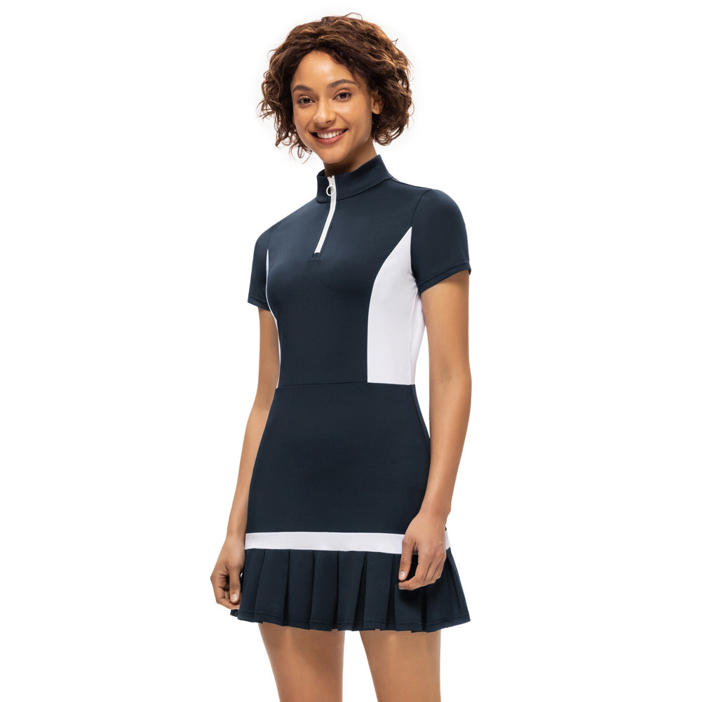 JS Women Mini Dress Tennis & Golf Contrast Color Sports Dress Fashion Summer New Short Sleeve Zipper Stand Collar Dress + Boxer
