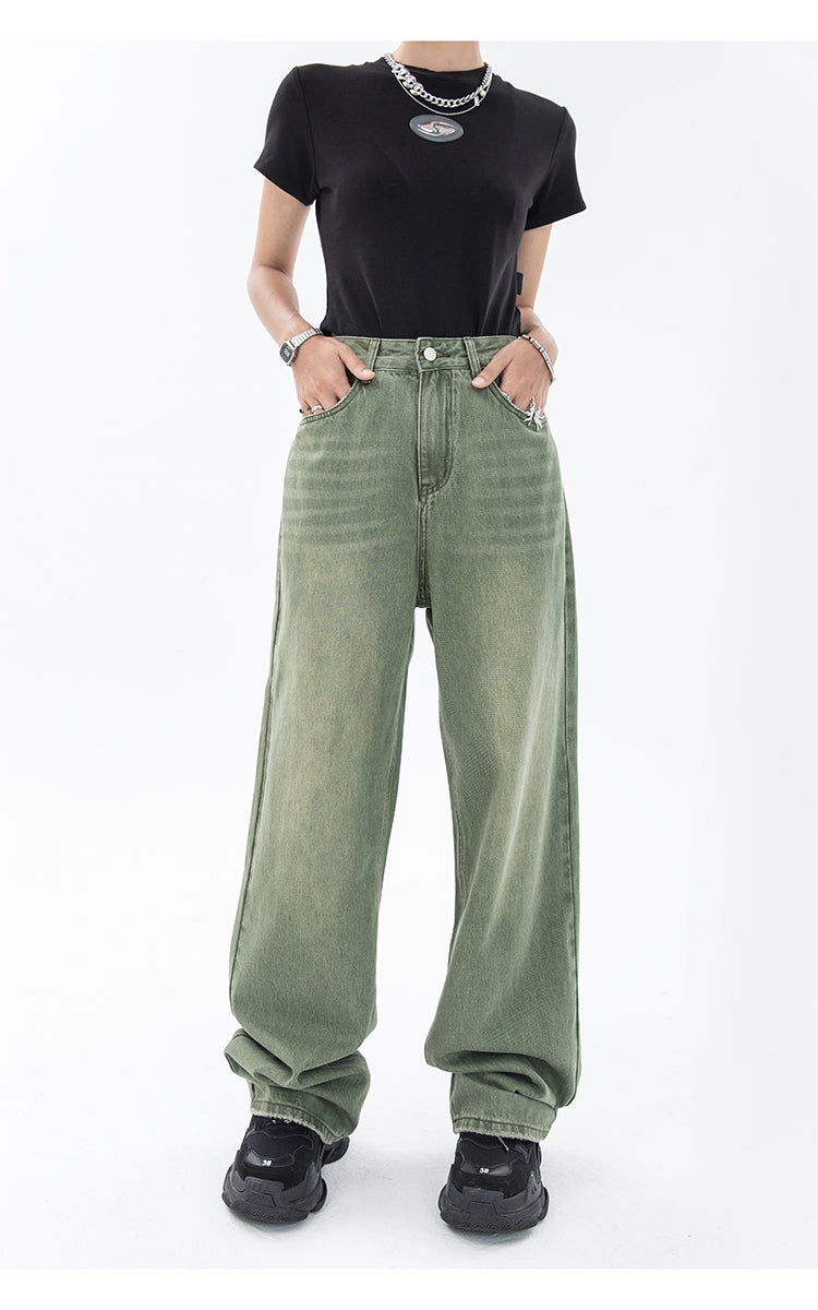 Vintage Green Women's Jeans Fashion Trousers Streetwear High Waist Wide Leg Summer Y2K Baggy Casual Straight Mom Denim Pants