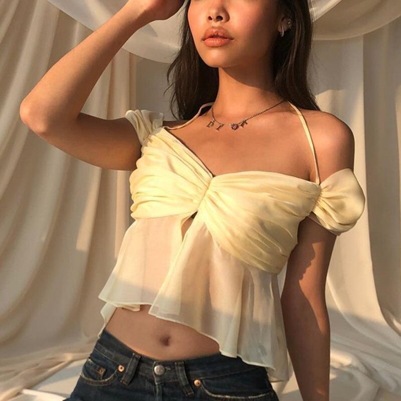 Summer T-Shirt for Women New Fashion Sweet Bow Knot Pile Sleeves Sexy Mesh Back Hollow Tether Hanging Neck Stitching Top Women