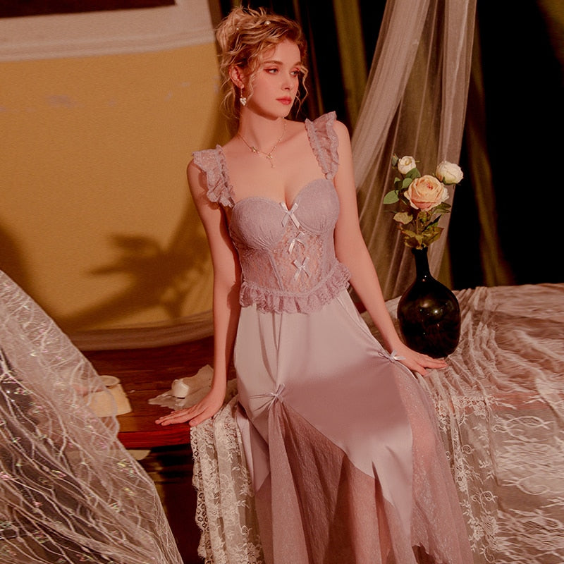 Lizakosht Sexy Night Dress Women Lace Sleepwear Mesh Sling Camisole Nightgown Pajamas Sets Party Long Robe Lingerie Set Home Suit Nighty