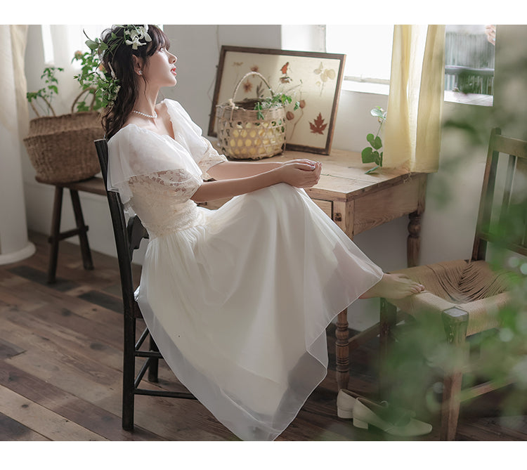 Summer Romantic Fairy Dress Woman Chic Vintage Lace Puff Sleeve Ruffles V-Neck Soft Princess Dresses Party Night Vestido Festa