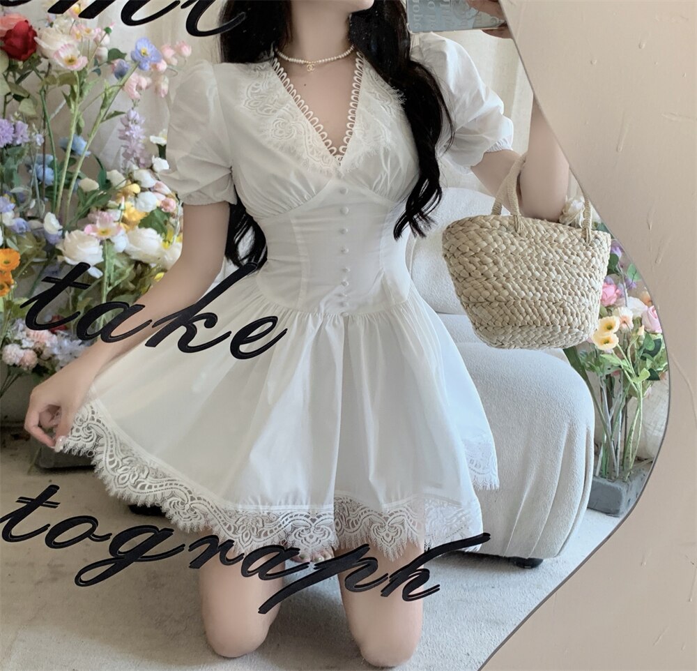 V-neck Lace Princess Dress Sexy Women's Summer Mini Dress 2022 Black High Waist  Slim Puffy Short Sleeve Party Dress Robe Femme