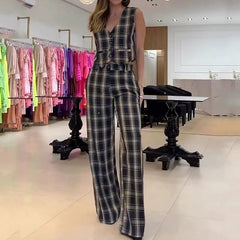 Lizakosht Women Two Piece Set Summer Fashion Plaid Print V Neck Sleeveless Top Casual Loose Wide Legs Pants Sets High Streetwear