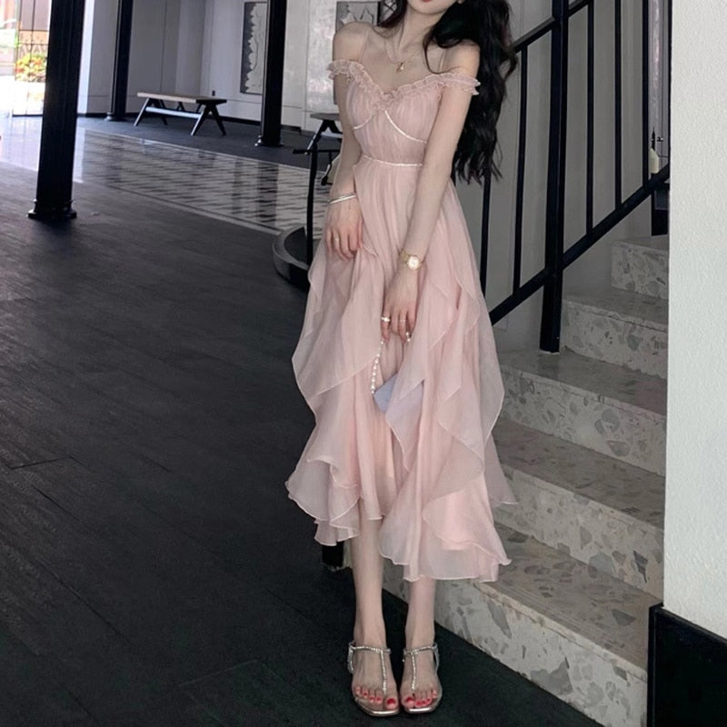 Elegant Strap Sleeveless High Waist Dresses For Women 2022 Summer Pink Sweet Fairy Dress Women Korean Fashion Party Dress