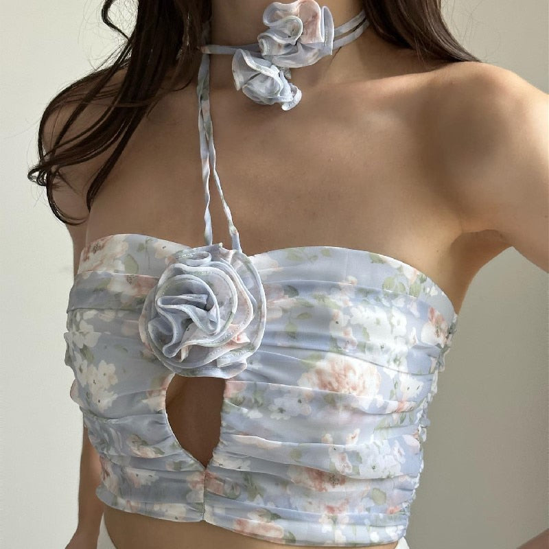 Lizakosht Floral Print Vest for Women Halter Hollow Out Patchwork Three -dimensional Flowers Crop Tops Female Summer New