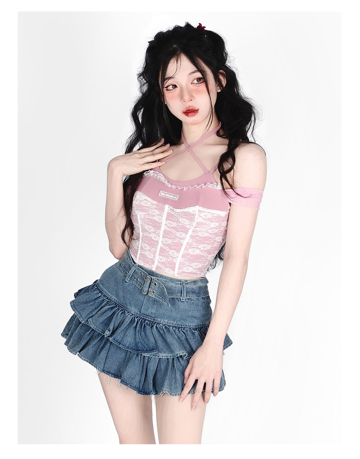 HOUZHOU Belts Y2k Pleated Denim Skirt Women Sexy Egirl Double Layer Ruffle Patchwork High Waist Jean Skirt Shorts Punk Summer