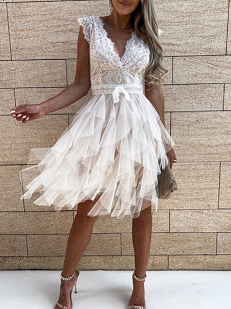 Lizakosht  Women Sexy V Neck Mini Dress Elegant Embroidery Crochet Lace Patchwork Double Ruffle Short Dress Summer Sleeveless Party Dresses