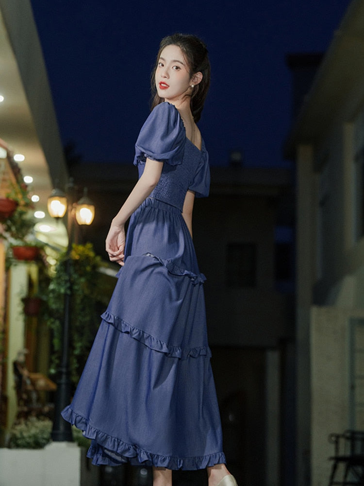 Lizakosht Summer Denim Blue 2 Piece Set Woman Vintage Chic Slash Neck Puff Sleeve Short Design Shirt Tops & Long Midi Skirt Lady Outfits