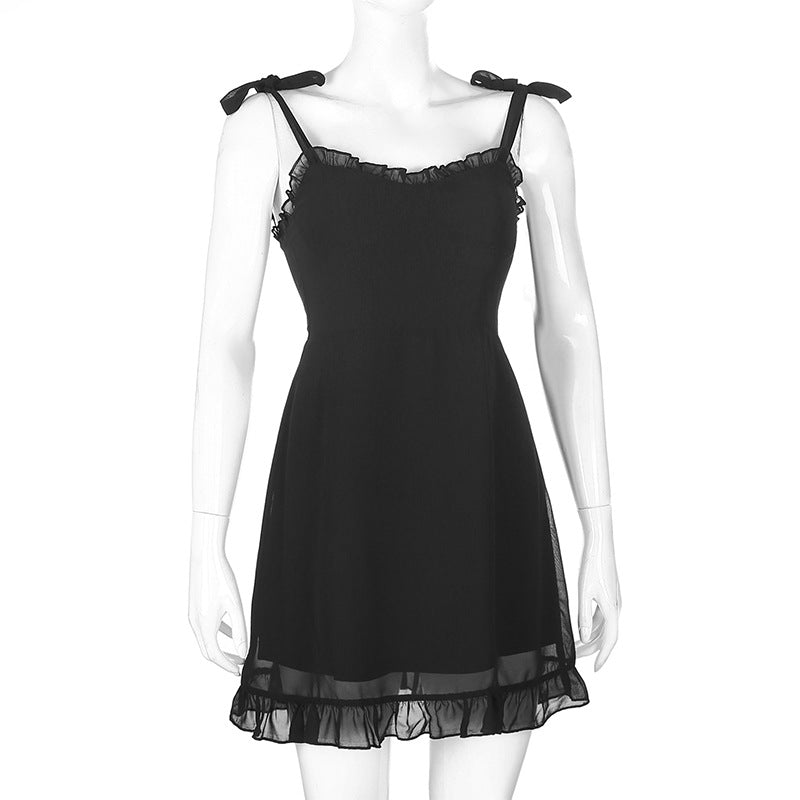 Lizakosht  Ruffled Lace Suspender Skirt Temperament Short Skirt Hepburn Sexy Personality Black