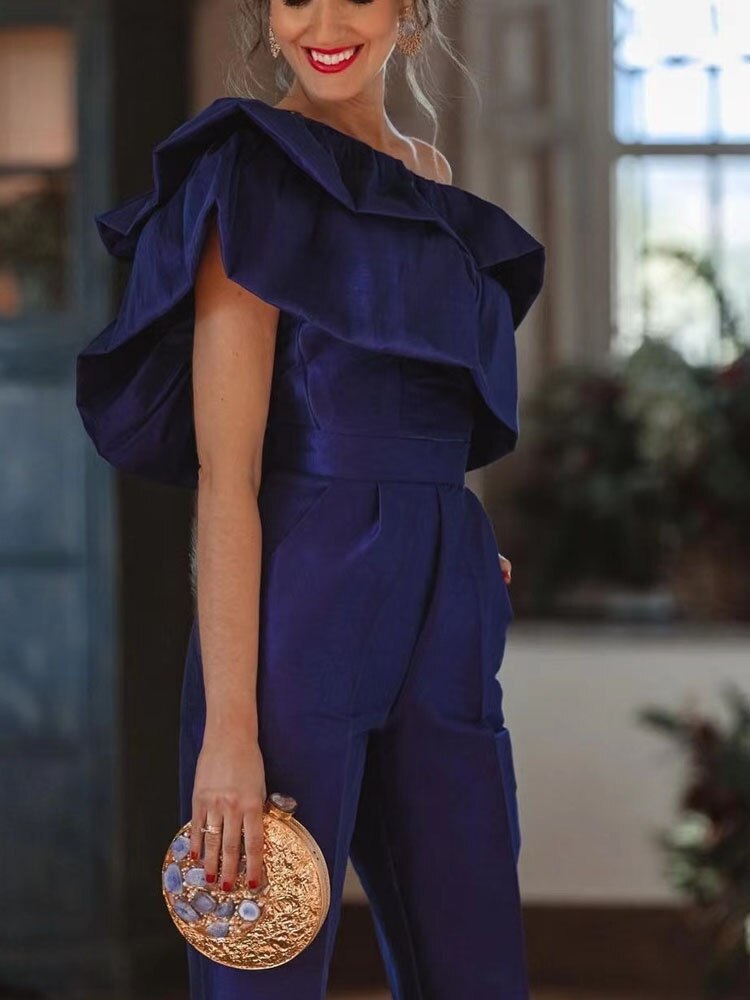 Lizakosht  Sexy Skew Collar Ruffles Straight Romper Elegant Solid Off Shoulder Office Playsuits Women Fashion Backless Pocket Slim Jumpsuit