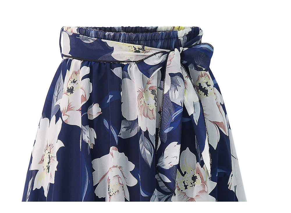 Summer Women Flower Printing High Waist Skirt Chiffon With Belt Ladies Vintage Elegant Skirts Pleated