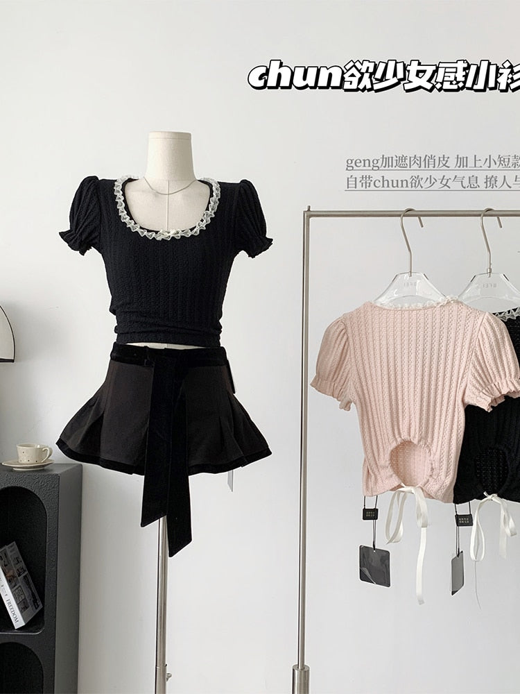 Lizakosht Women Vintage Solid Color Slim Tee 2023 Summer New Square Collar Puff Sleeve T-shirt Female Tie Up Cozy Soft Clothing Retro Chic