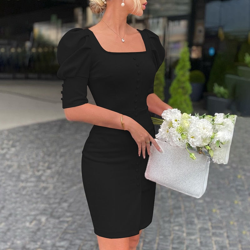 Lizakosht Women Fashion Party Club Dress Robes Formal Women Sexy Slim Fit Square Neck  Bodycon Mini Dress