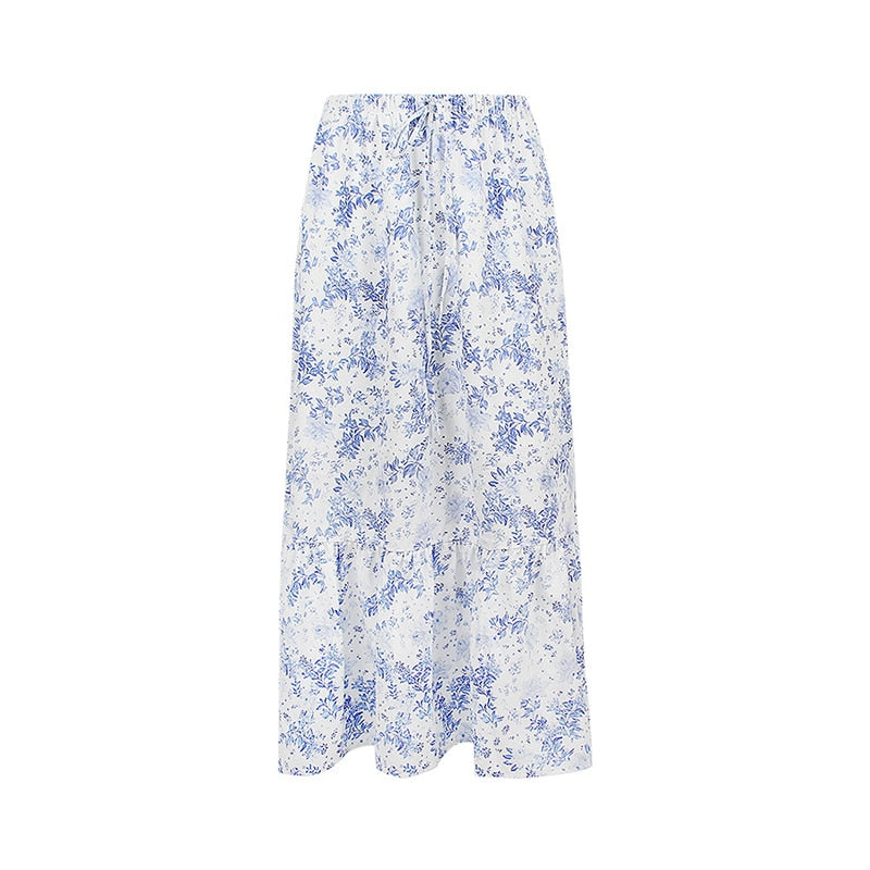 Lizakosht Women's Skirt Floral Printed High Waist Lace Up Mid-length Skirts Female Summer Fashion 2023 Casual Style New