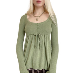 Lizakosht Knitted T Shirt y2k Aesthetic Button Lace Up Waist Long Sleeve Tops Fairycore Grunge Clothes 2000s Women Streetwear
