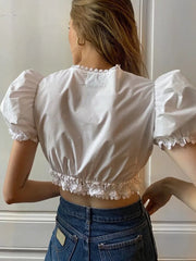 GypsyLady Casual Sexy Chic Cropped Blouse Shirt White Cotton Lace Summer Women Blouse Pull Sleeve Y2K Holiday Party Ladies Tops