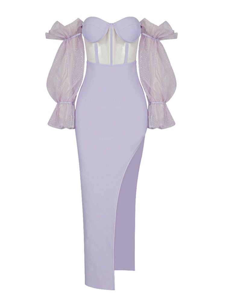 Lizakosht Elegant Violet Mesh Puff Sleeve High Slit Bandage Dresses Sexy Off Shoulder Sequins Long Sleeve Midi Dress Evening Party Dress