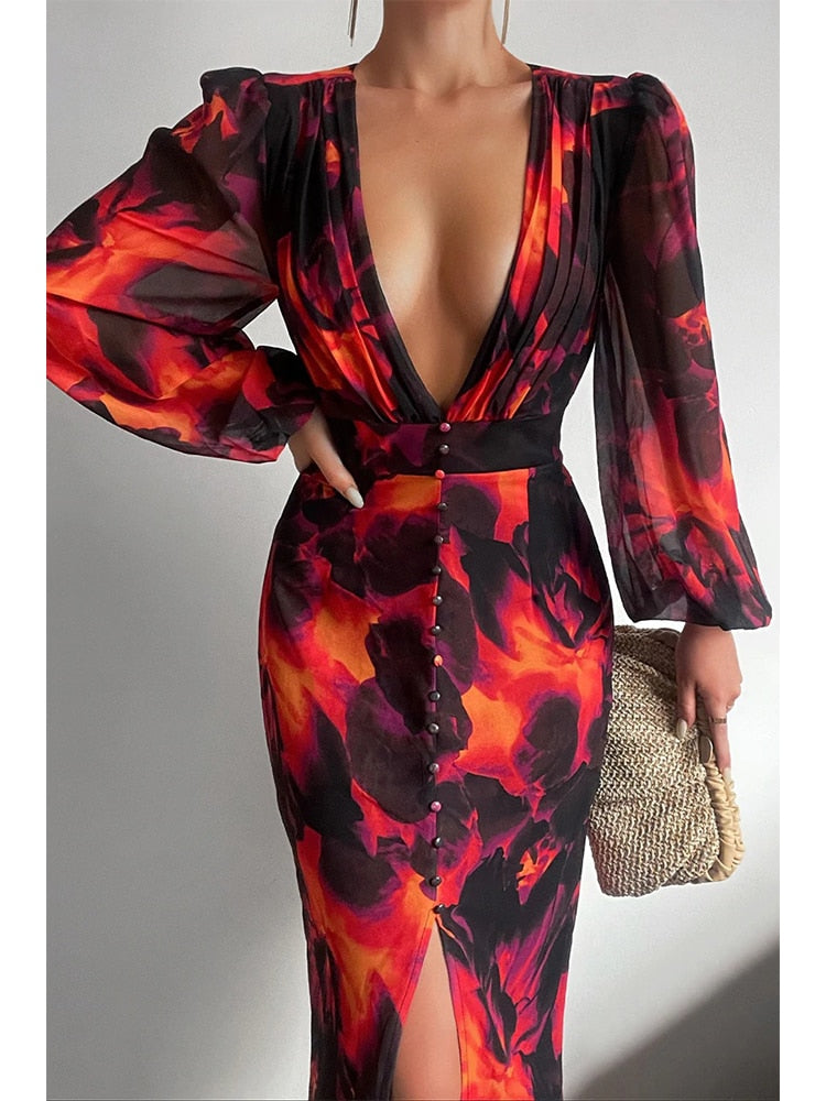 Lizakosht V Neck Sexy Party Women Robe Dress Lantern Sleeve Spring Summer Maxi Elegant Printed Boho New Dress Vestido