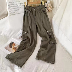 Lizakosht Brown Cargo Pants Women American Style Vintage 90s Y2k Streetwear Fashion High Waist Design Baggy Straight Wide Leg Casual Pants
