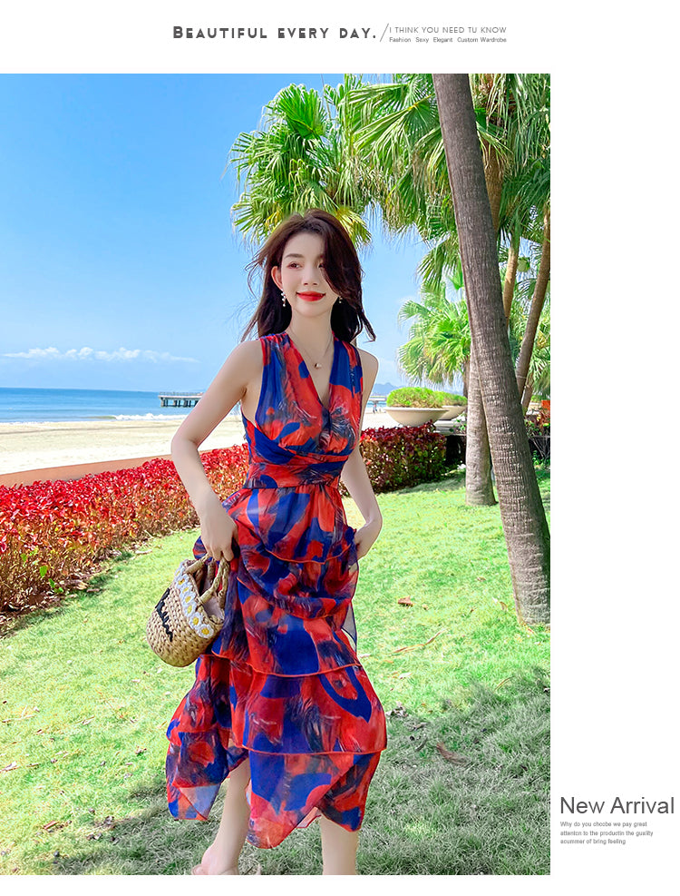 Lizakosht  Summer Backless Beach Long Maxi Dress Vintage Cascading Ruffles Deep V Neck Sexy Floral Print Party Dress Sleeveless Design F242