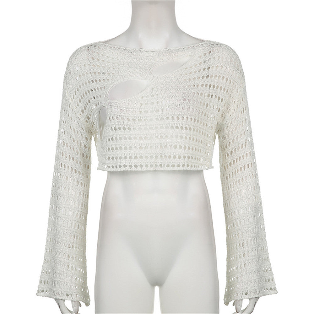 Lizakosht  Hollow Out Women Knitted T Shirts Y2K Crop Top Summer Beach Cover Up Fashion Casual Crppped Tops Tees Woman Clothes 2022