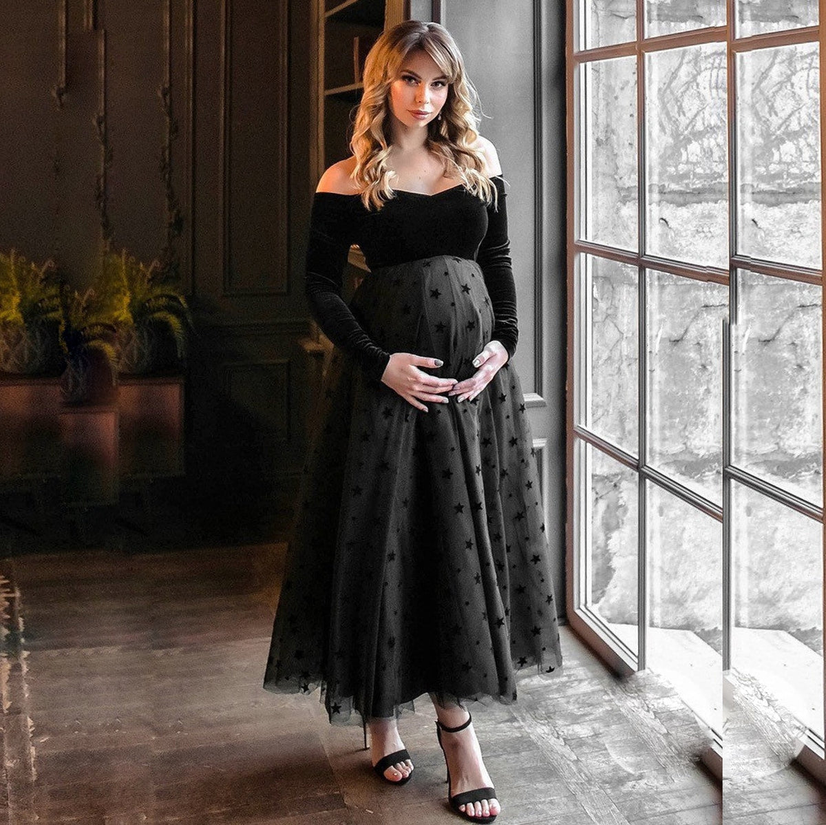 Tulle Maternity Dress for Photo Shoot Pregnancy Long Golden Velvet Dress for Photography Baby Shower Dresses Maternity Dresses