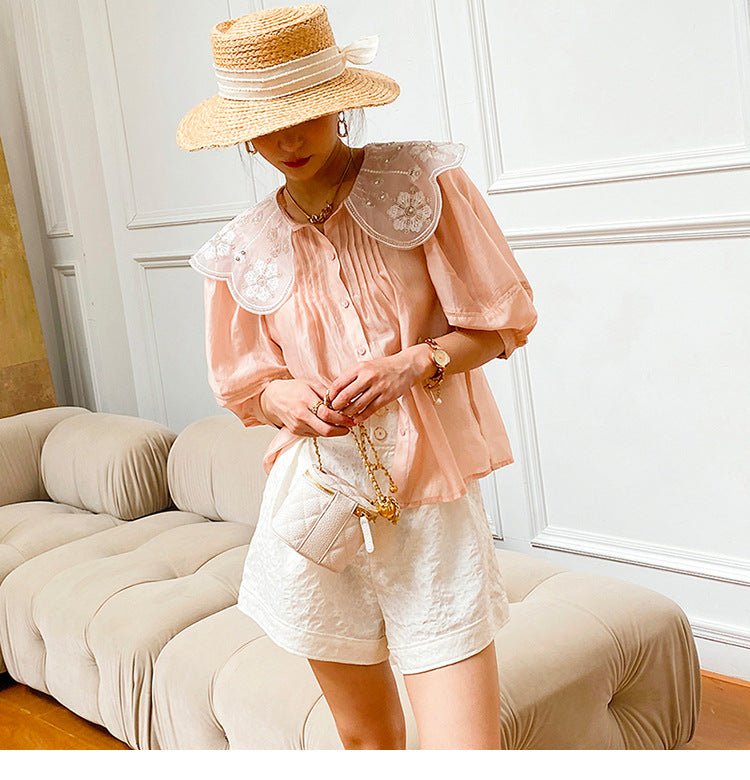 GypsyLady Elegant Chic White Blouse Shirt Loose Floral Embroidery Summer Women Blouse Lantern Sleeve Beading Office Ladies Tops