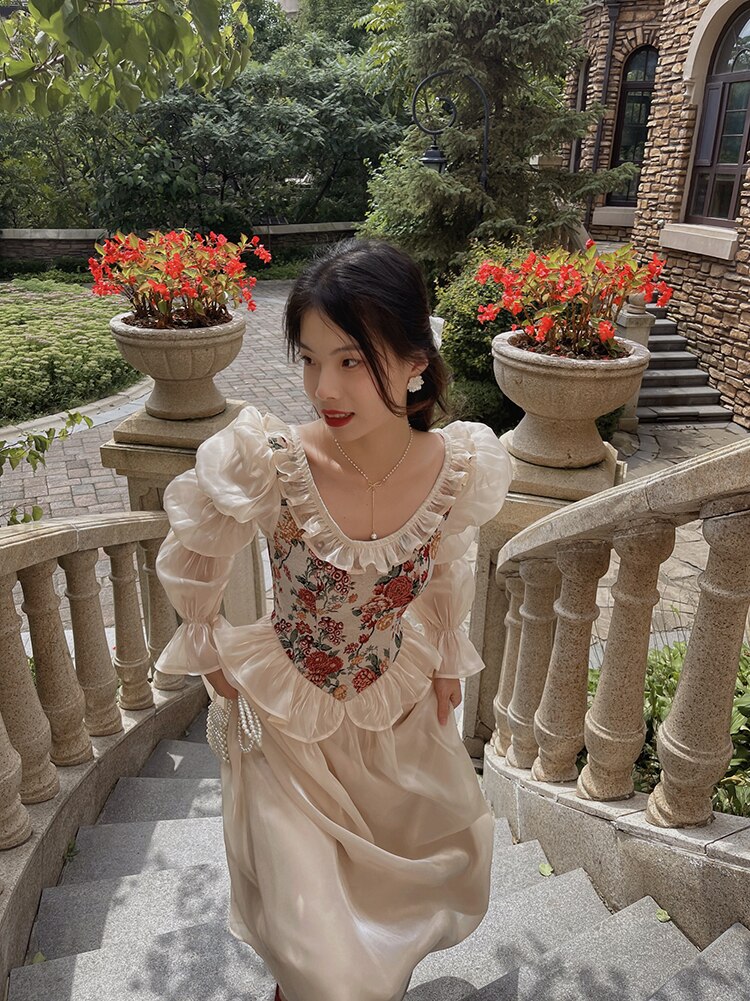 Lizakosht French Vintage Jacquard Floral Fairy Dress For Slim Women Romantic Chic Puff Sleeve Elegant Princess Dresses Vestido Festa