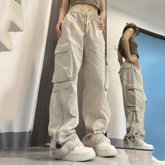 Lizakosht Vintage 90S Women's Cargo Pants Solid Color Streetwear Low Waist Trousers Female Autumn Overalls Baggy Straight Pants