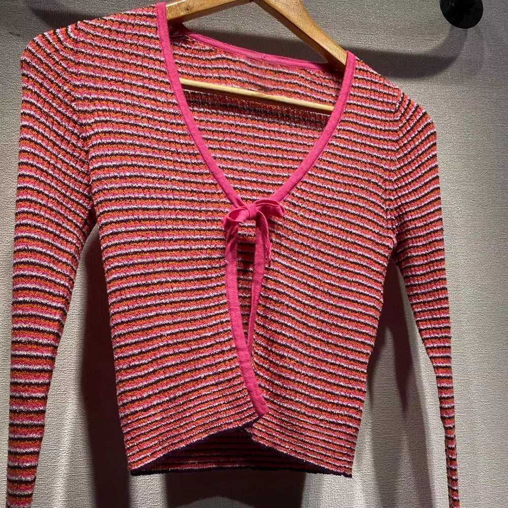 Lizakosht Rowling Mirror Striped Belt Knit Women Cardigan V-neck Long Sleeve Loose Lady Blouse Casual Female Tops