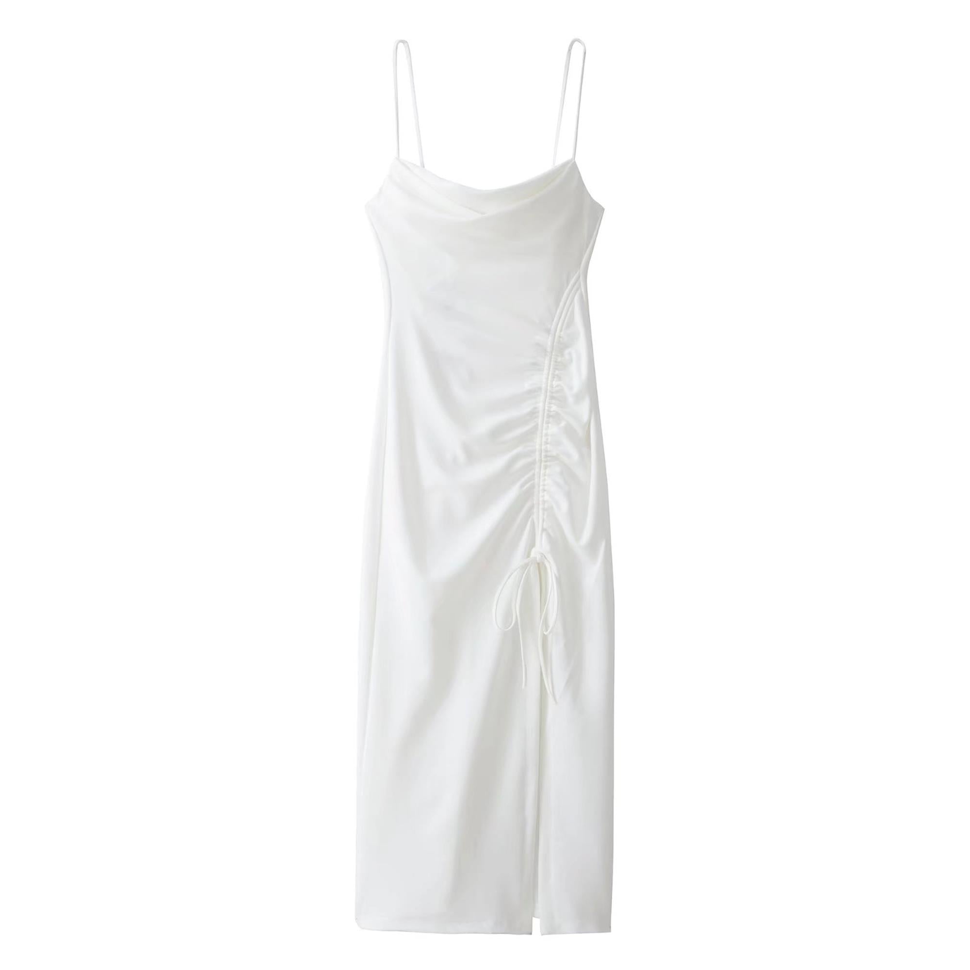 Lizakosht  Women Fashion Pleated Camisole Dresses Solid Drawstring Elegant Party Dress Sleeveless Casual Chic Female Mid-Calf Outwear