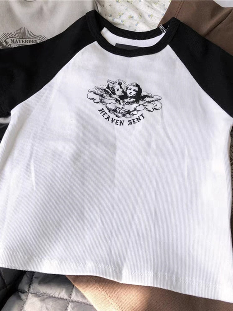 Lizakosht Cartoon Print Ribbed Slim Crop Top Woman Retro Patchwork Short Sleeve Round Neck Soft Cotton Casual Tee  Summer Y2k T-shirt