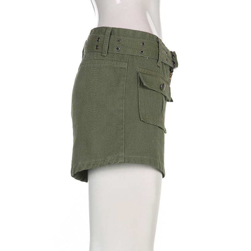 Lizakosht Summer Pocket Stitching Overalls Casual Shorts Women's Summer Belt Low Waist Jeans Hot Pants