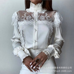 Lizakosht Elegant Lace Shirt Top for Women Sexy Y2K INS Clothes Long Lantern Sleeve Stand Collar Single Breasted Ruffle T-shirt