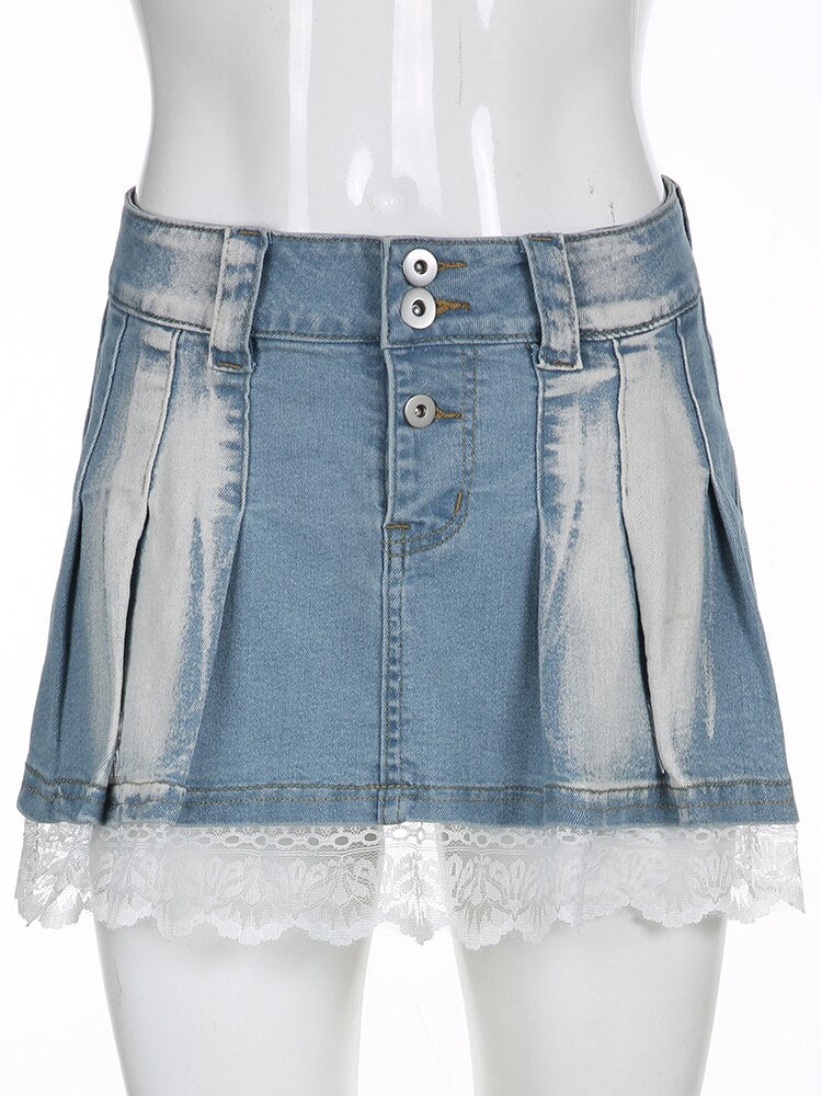 Lizakosht Kawaii Denim Skirt Fairycore Vintage Lace Hem Patchwork Women Korean Spring A-line Pleated Mini Skirts Blue Casual Streetwear