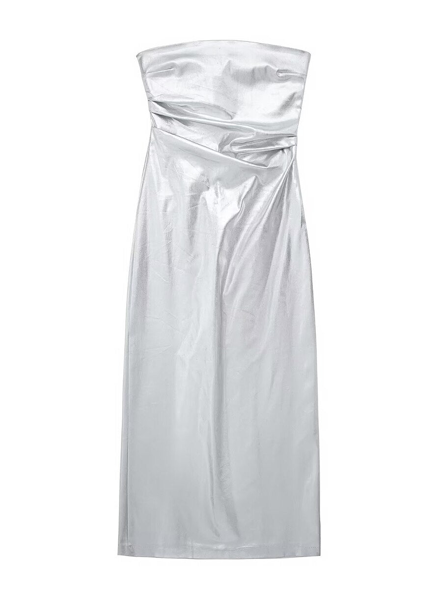 Lizakosht Silver Women 2023 Fashion Summer Folds Tube Top Midi Dress Vintage Backless Side Zipper Faldas Female Sexy Slim Party Dresses