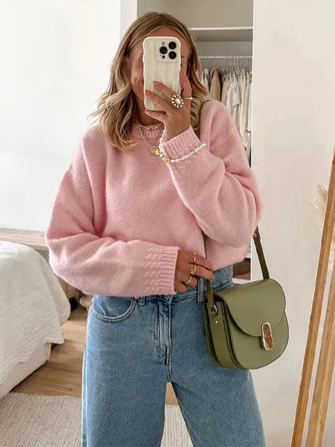 Lizakosht Solid Knit O-neck Elegant Women Pullover Long Sleeve Oversized Loose Soft Warm Sweater 2024 Autumn Chic Casual Office Knitwears