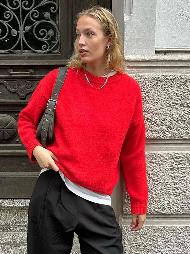 Lizakosht Solid Knit O-neck Elegant Women Pullover Long Sleeve Oversized Loose Soft Warm Sweater 2024 Autumn Chic Casual Office Knitwears