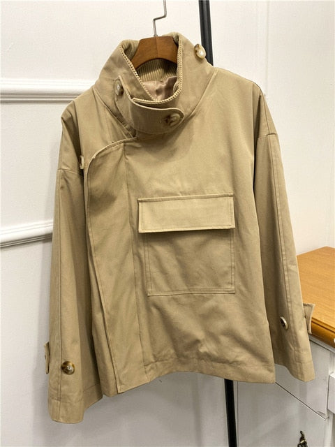 Lizakosht Solid Pocket Windbreaker Jacket Autumn Long Sleeve Fashion Elegant Office Lady Outerwear Vintage Designer Women's Short Jackets
