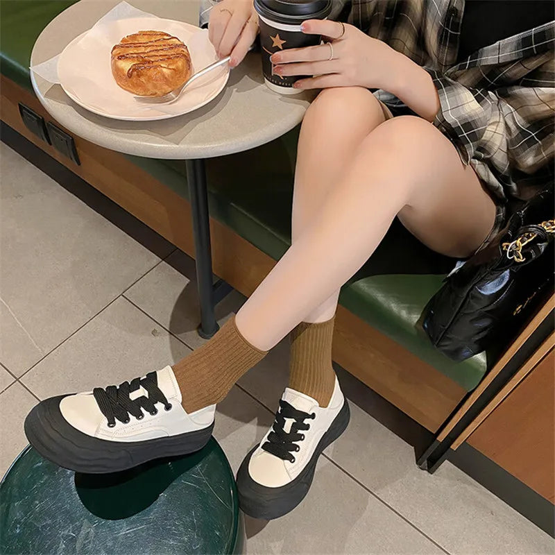 Lizakosht Spring Autumn Women Pumps Mixed Color Casual Shoes Woman Flat Shoes for Women Round Toe Platform Shoes Lace Small White Shoes
