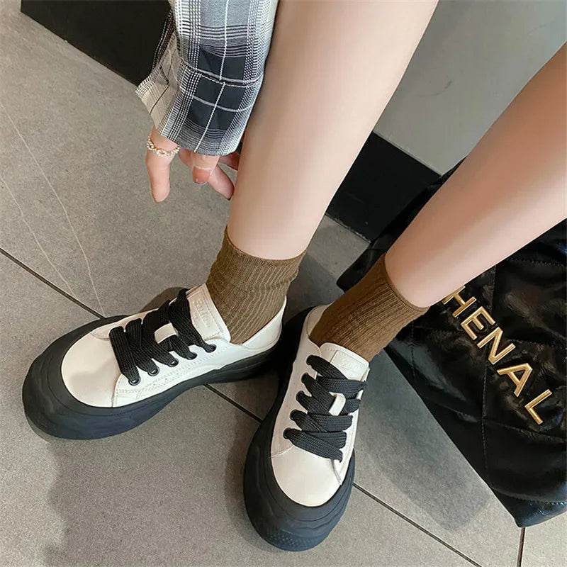 Lizakosht Spring Autumn Women Pumps Mixed Color Casual Shoes Woman Flat Shoes for Women Round Toe Platform Shoes Lace Small White Shoes
