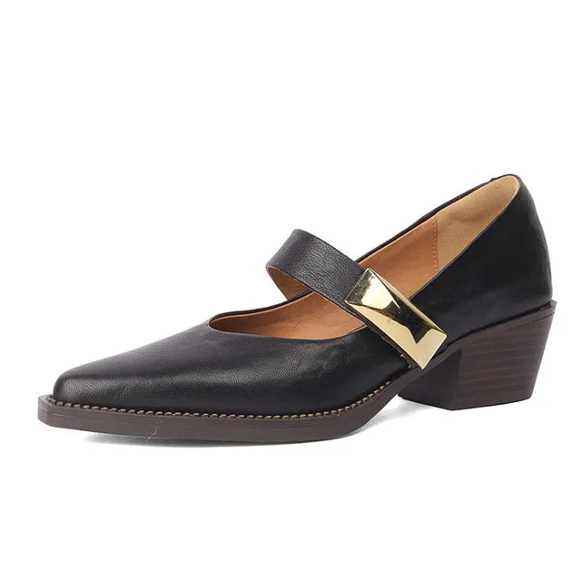 Lizakosht Spring/summer Split Leather Mary Jane Shoes Woman Chunky Heel Pointed Toe Shoes for Women Ladies Shoes Women Pumps Zaptos Mujer
