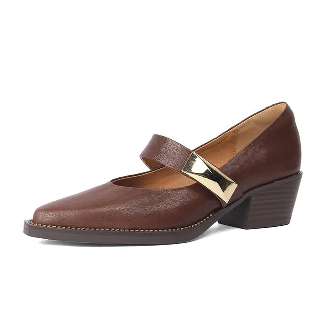 Lizakosht Spring/summer Split Leather Mary Jane Shoes Woman Chunky Heel Pointed Toe Shoes for Women Ladies Shoes Women Pumps Zaptos Mujer