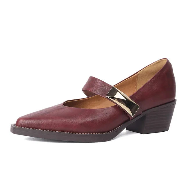 Lizakosht Spring/summer Split Leather Mary Jane Shoes Woman Chunky Heel Pointed Toe Shoes for Women Ladies Shoes Women Pumps Zaptos Mujer