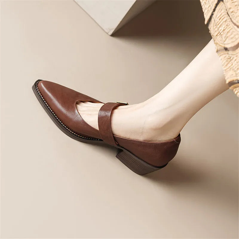 Lizakosht Spring/summer Split Leather Mary Jane Shoes Woman Chunky Heel Pointed Toe Shoes for Women Ladies Shoes Women Pumps Zaptos Mujer