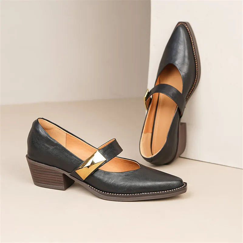 Lizakosht Spring/summer Split Leather Mary Jane Shoes Woman Chunky Heel Pointed Toe Shoes for Women Ladies Shoes Women Pumps Zaptos Mujer